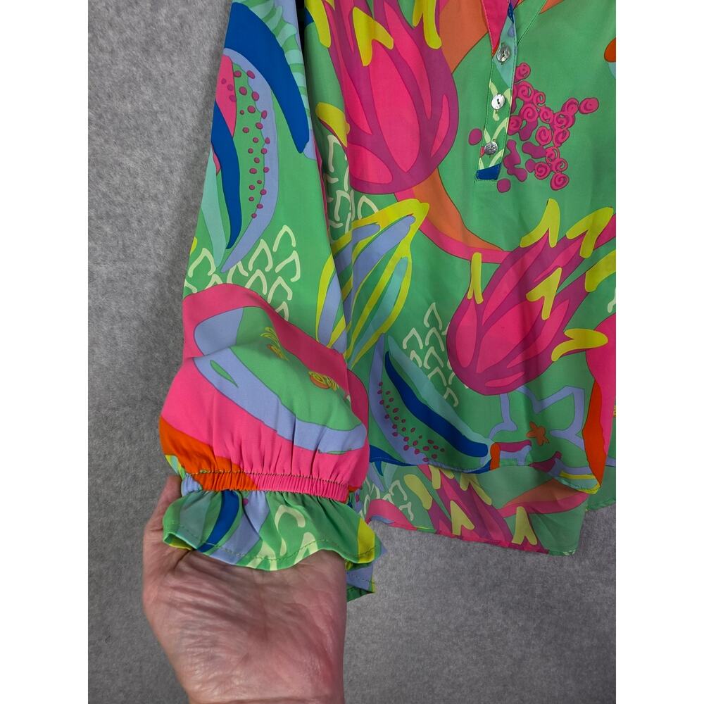 Michelle McDowell Colorful Floral Popover Puff Sleeve Top Sz L Green Office Bold - Picture 4 of 16